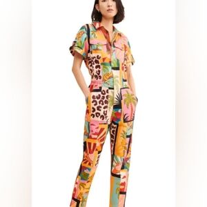 Farm Rio Tropical Collage Canvas Jumpsuit Size L NWT
